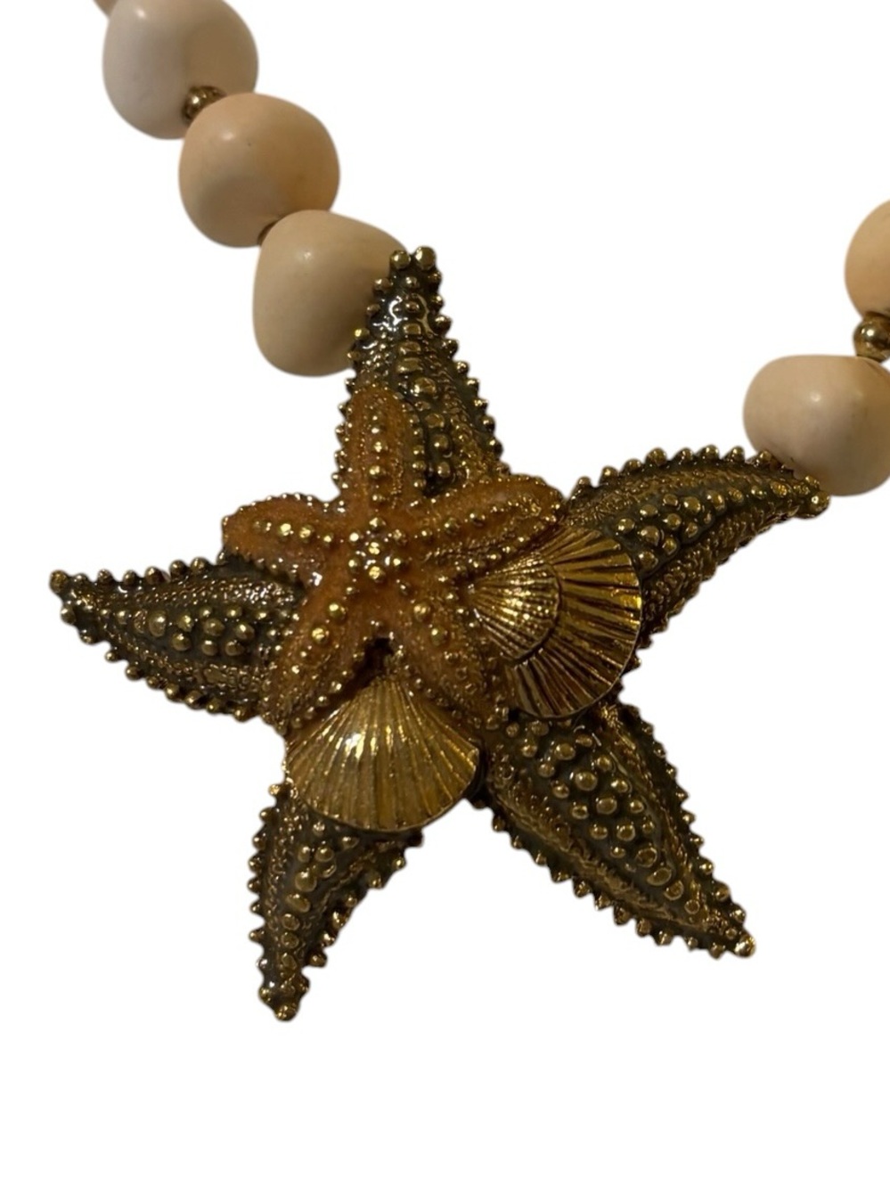 Metal Starfish Vintage Necklace Natural Beaded Star Pendant Necklace Cream Gold - Picture 2 of 7